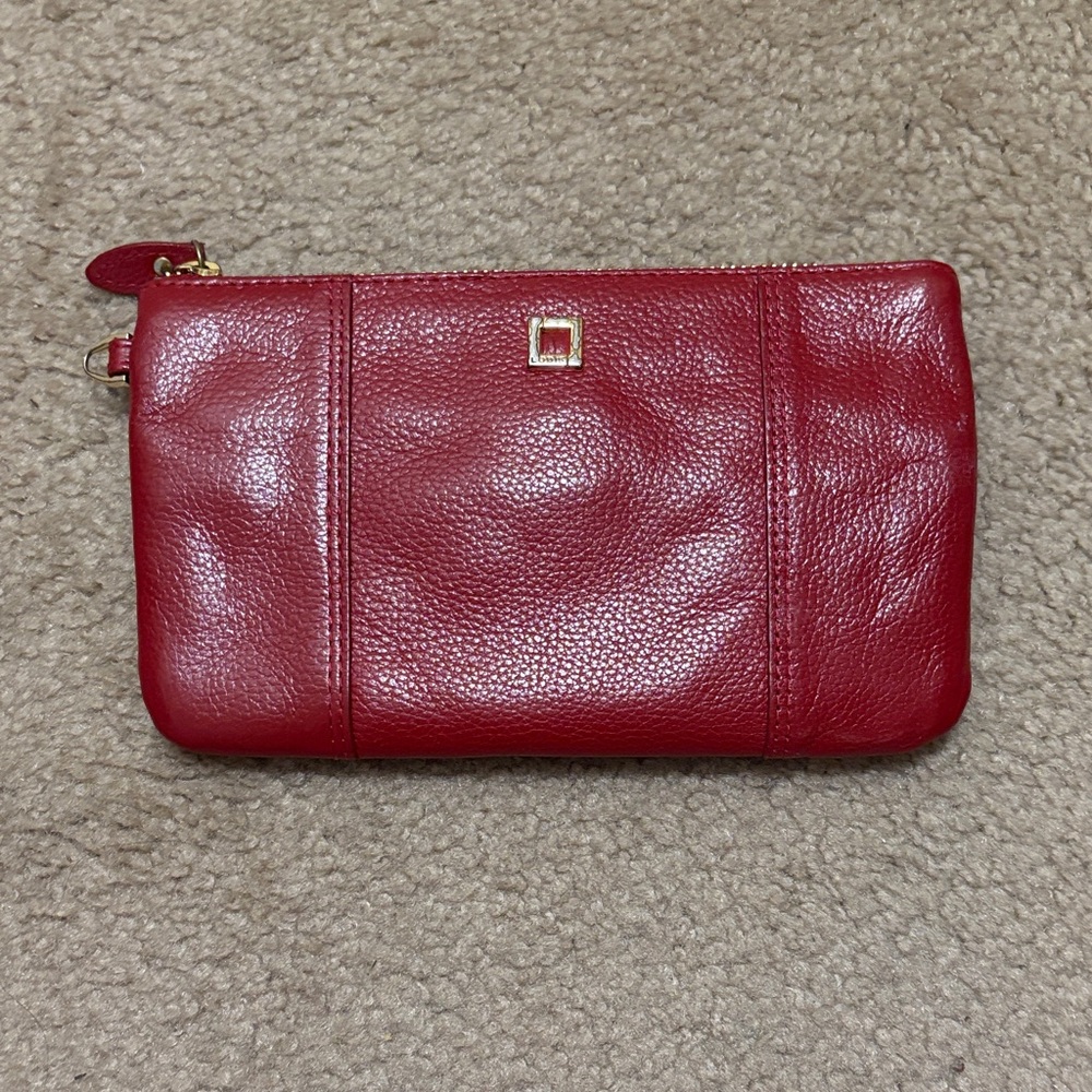 Lodis Red Pebbled Leather Wristlet Clutch with Gold Accent